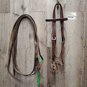 Double Stitched Headstall, Laces, Split Reins *vgc/xc, clean, older, stiff, dry, stains, twists, cracks, mnr dirt