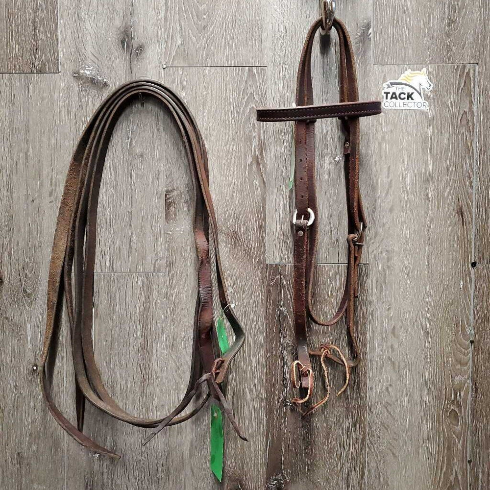 Double Stitched Headstall, Laces, Split Reins *vgc/xc, clean, older, stiff, dry, stains, twists, cracks, mnr dirt