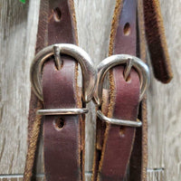 Double Stitched Headstall, Laces, Split Reins *vgc/xc, clean, older, stiff, dry, stains, twists, cracks, mnr dirt
