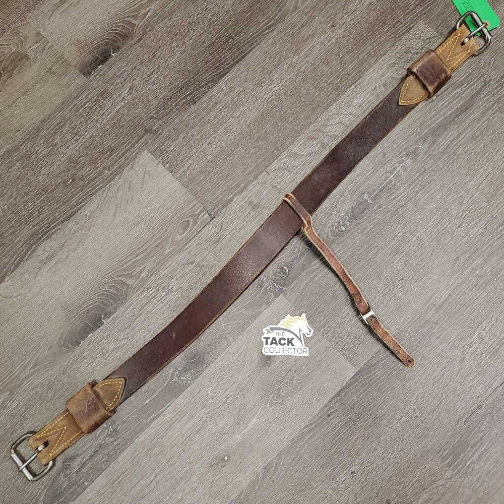 Flat Plain Leather Back Cinch, sliding leather center strap, conway fair/gc, clean, rubs, faded, scrapes, rubs, residue, rust