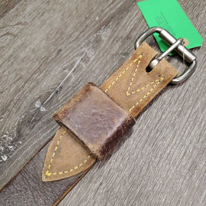 Flat Plain Leather Back Cinch, sliding leather center strap, conway fair/gc, clean, rubs, faded, scrapes, rubs, residue, rust