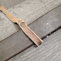 Flat Plain Leather Back Cinch, sliding leather center strap, conway fair/gc, clean, rubs, faded, scrapes, rubs, residue, rust
