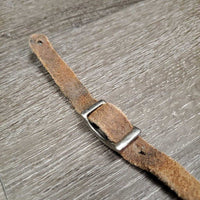 Flat Plain Leather Back Cinch, sliding leather center strap, conway fair/gc, clean, rubs, faded, scrapes, rubs, residue, rust

