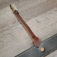 Flat Doube Leather Back Cinch, center strap, brass snap *vgc/xc, mnr film & dirty?residue, edge scrapes
