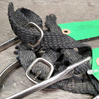 Pr POW Spurs, Wide Braided Nylon Spur Straps *gc, clean, widened, scratches, pulls, snags & dirty
