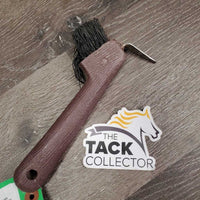 Plastic Hoof Pick, Bristle Brush *gc, mnr dirty, bent bristles, older
