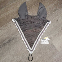 Tie Down Crochet Fly Veil Bonnet 2x piping, 3x bling, noseband elastic *gc/fair, clean, mnr hair, faded & unstitched edge, missing bling
