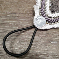 Tie Down Crochet Fly Veil Bonnet 2x piping, 3x bling, noseband elastic *gc/fair, clean, mnr hair, faded & unstitched edge, missing bling
