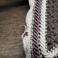 Tie Down Crochet Fly Veil Bonnet 2x piping, 3x bling, noseband elastic *gc/fair, clean, mnr hair, faded & unstitched edge, missing bling
