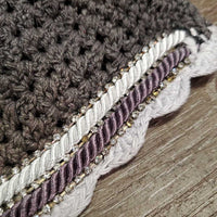 Tie Down Crochet Fly Veil Bonnet 2x piping, 3x bling, noseband elastic *gc/fair, clean, mnr hair, faded & unstitched edge, missing bling
