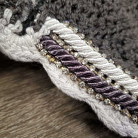 Tie Down Crochet Fly Veil Bonnet 2x piping, 3x bling, noseband elastic *gc/fair, clean, mnr hair, faded & unstitched edge, missing bling
