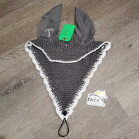 Tie Down Crochet Fly Veil Bonnet 2x piping, 3x bling, noseband elastic *gc/fair, clean, mnr hair, faded & unstitched edge, missing bling
