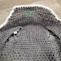 Tie Down Crochet Fly Veil Bonnet 2x piping, 3x bling, noseband elastic *gc/fair, clean, mnr hair, faded & unstitched edge, missing bling
