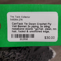 Tie Down Crochet Fly Veil Bonnet 2x piping, 3x bling, noseband elastic *gc/fair, clean, mnr hair, faded & unstitched edge, missing bling

