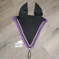 Tie Down Crochet Fly Veil Bonnet 2x piping, 3x bling, Noseband els *vgc, mnr hair, missing & twisted bling
