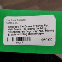 Tie Down Crochet Fly Veil Bonnet 2x piping, 3x bling, Noseband els *vgc, mnr hair, missing & twisted bling
