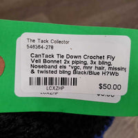 Tie Down Crochet Fly Veil Bonnet 2x piping, 3x bling, Noseband els *vgc, mnr hair, missing & twisted bling
