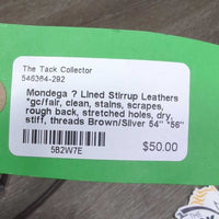 Lined Stirrup Leathers *gc/fair, clean, stains, scrapes, rough back, stretched holes, dry, stiff, threads
