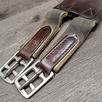 "Comfort" Wide Flat Soft Padded Leather Girth, 2x els *gc/fair, dirt, rubs, scratches, torn & stretched els, older, curled & sharp edge
