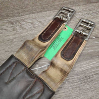 "Comfort" Wide Flat Soft Padded Leather Girth, 2x els *gc/fair, dirt, rubs, scratches, torn & stretched els, older, curled & sharp edge
