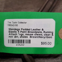 Padded Leather & Elastic 5 Point Breastplate, Running Attach *vgc, mouse chews, clean & mnr dirt, xholes
