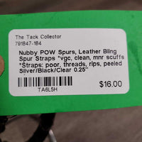 Nubby POW Spurs, Leather Bling Spur Straps *vgc, clean, mnr scuffs *Straps: poor, threads, rips, peeled
