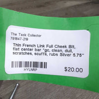 Thin French Link Full Cheek Bit, flat center bar *gc, clean, dull, scratches, scuffs, rubs
