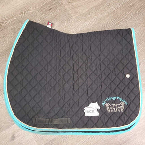 Quilt Jumper Saddle Pad, "All Things Equine" *gc, clean, rubs, faded, mnr hair, dirt, puckers, stains, pills