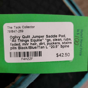 Quilt Jumper Saddle Pad, "All Things Equine" *gc, clean, rubs, faded, mnr hair, dirt, puckers, stains, pills