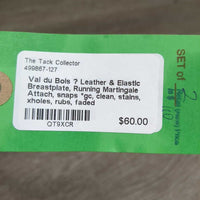 Leather & Elastic Breastplate, Running Martingale Attach, snaps *gc, clean, stains, xholes, rubs, faded
