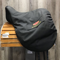 17 *17.5" Adj *set XW 6" Custom Saddlery Icon Alpha Monoflap Dressage, Black Nylon Custom Saddlery Cover, Wool Flocking, Front & Rear Gusset Panels, XL Short Exterior Front Blocks, Flaps: 16"L x 9"W Serial #: 21669 17 15
