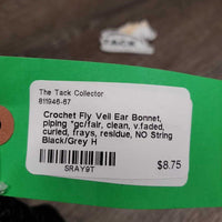 Crochet Fly Veil Ear Bonnet, piping *gc/fair, clean, v.faded, curled, frays, residue, NO String
