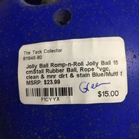 Romp-n-Roll Jolly Ball 15 cmStall Rubber Ball, Rope *vgc, clean & mnr dirt & stain