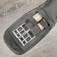 Thick Neoprene Short Girth, 2x els *gc, dirty, stretched elastic, torn tag, faded, hairy seams, older, frayed edge
