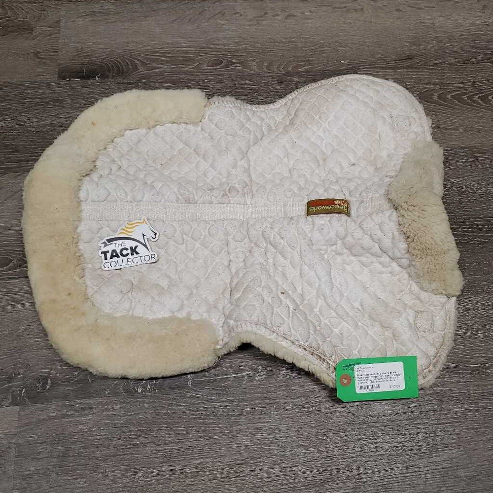 Quilt Sheepskin Half Pad, rolled edges *gc, older, clumpy, stains, pilly, cut tabs, mnr dirt, hair, puckers, rubs, threads