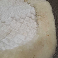 Quilt Sheepskin Half Pad, rolled edges *gc, older, clumpy, stains, pilly, cut tabs, mnr dirt, hair, puckers, rubs, threads
