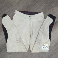 Euro Seat Breeches *gc, older, discolored seat & legs, shrunk?puckered, stains, seam puckers, threads, seam pulls & thin spot

