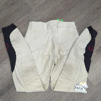 Euro Seat Breeches *gc, older, discolored seat & legs, shrunk?puckered, stains, seam puckers, threads, seam pulls & thin spot
