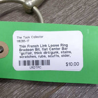Thin French Link Loose Ring Bradoon Bit, flat Center Bar *gc/fair, thick dirt/gunk, stains, scratches, rubs, scuffs, older, oxidized
