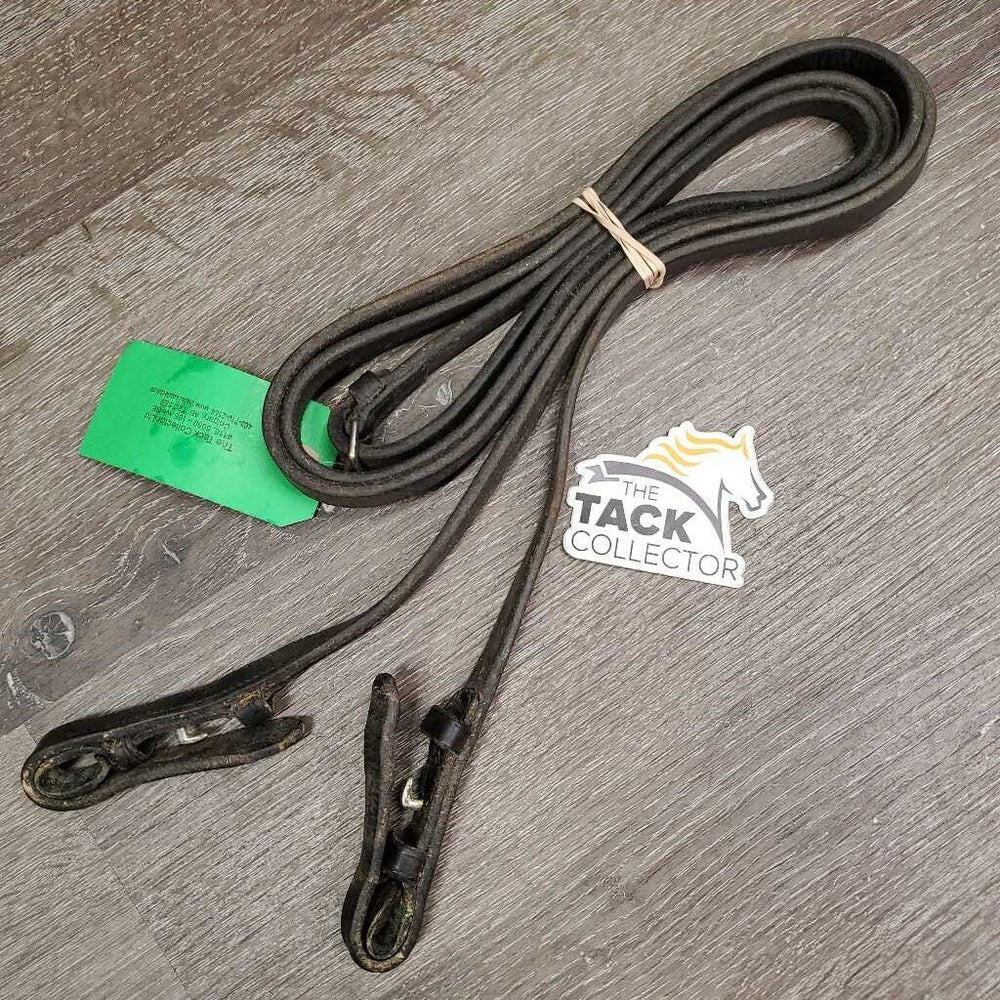 Thick Plain Leather Reins *gc/fair, discolored, residue, scrapes, loose hook, dry, stiff
