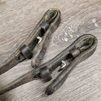 Thick Plain Leather Reins *gc/fair, discolored, residue, scrapes, loose hook, dry, stiff