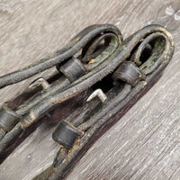 Thick Plain Leather Reins *gc/fair, discolored, residue, scrapes, loose hook, dry, stiff
