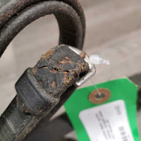 Thick Plain Leather Reins *gc/fair, discolored, residue, scrapes, loose hook, dry, stiff
