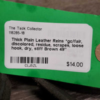 Thick Plain Leather Reins *gc/fair, discolored, residue, scrapes, loose hook, dry, stiff