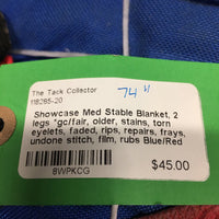 Med Stable Blanket, 2 legs *gc/fair, older, stains, torn eyelets, faded, rips, repairs, frays, undone stitch, film, rubs