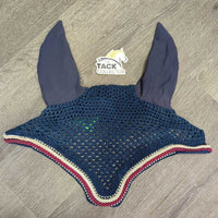 Hvy Crochet Fly Veil Ear Bonnet, 2x bling, 2x piping *gc, clean, faded, curled edges, mnr stains, rubs, unstitched? ear
