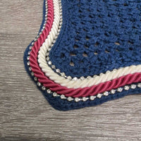 Hvy Crochet Fly Veil Ear Bonnet, 2x bling, 2x piping *gc, clean, faded, curled edges, mnr stains, rubs, unstitched? ear
