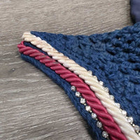 Hvy Crochet Fly Veil Ear Bonnet, 2x bling, 2x piping *gc, clean, faded, curled edges, mnr stains, rubs, unstitched? ear
