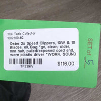 2x Speed Clippers, 10W & 10 Blades, oil, Bag *gc, clean, older, mnr hair, pulled/exposed cord end, worn plastic driver *WORK, SOUND GOOD, dirty bag

