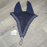 Soundproof Tie Down Crochet Fly Veil Ear Bonnet, 3x bling, 2x piping *vgc, clean, mnr hair, faded, curled bling
